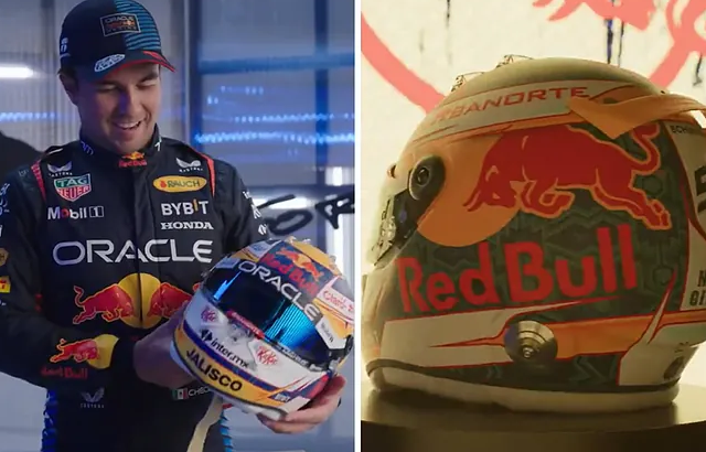  Checo Pérez pone a México en lo más alto en su nuevo casco de Red Bull para 2024