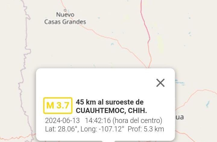  Registraron sismo de 3.7 en Carichí, 45km al suroeste de Cuauhtémoc