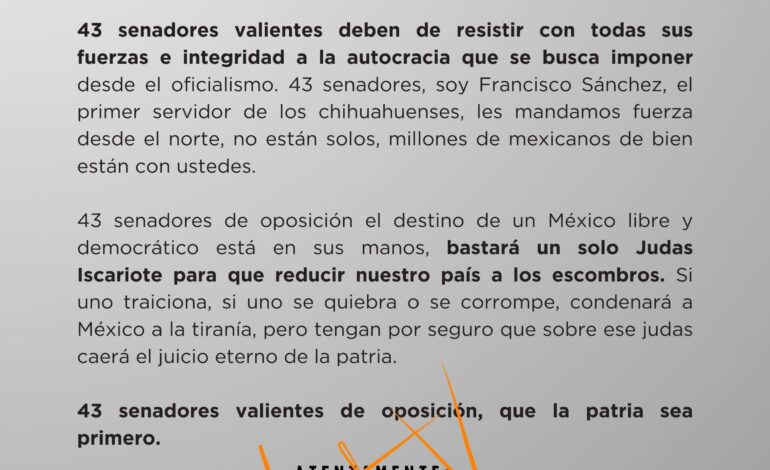  Diputado Francisco Sánchez envía carta a senadores para rechazar la reforma judicial