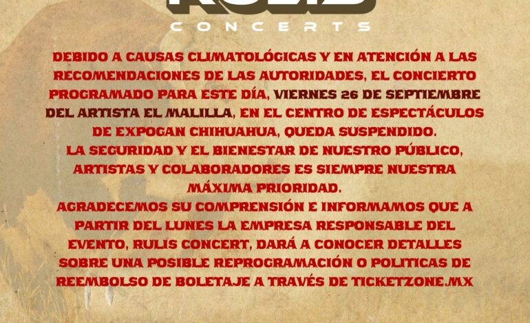  Suspenden concierto de El Malilla en la Expogan por condiciones climáticas