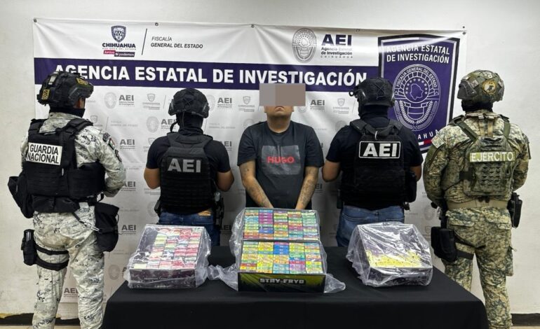  Detiene AEI a masculino en posesión de cajas con vapeadores y THC en Cd. Juárez