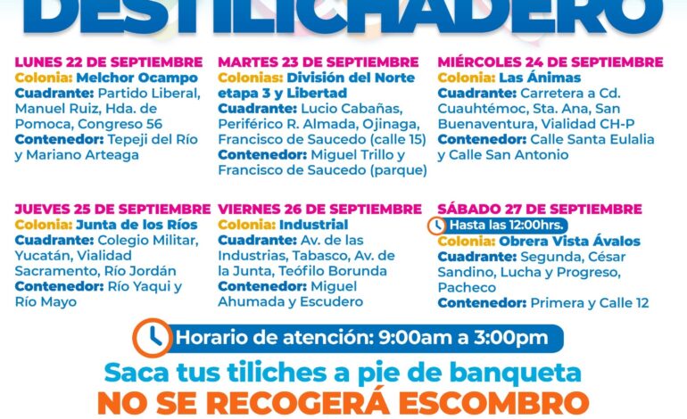  Estará programa Destilichadero en 7 colonias del 22 al 27 de septiembre