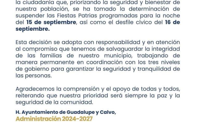  Cancelan Fiestas Patrias en Guadalupe y Calvo por balaceras