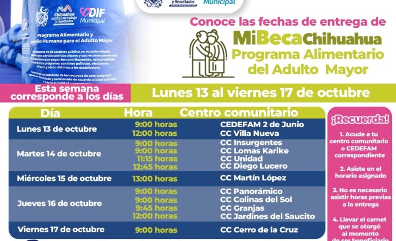  Informa DIF Municipal lugares para acudir por tu apoyo PAAM del 13 al 17 de octubre
