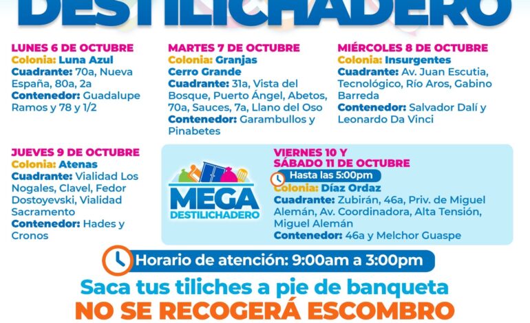  Estará Destilichadero en 5 colonias del 6 al 11 de octubre