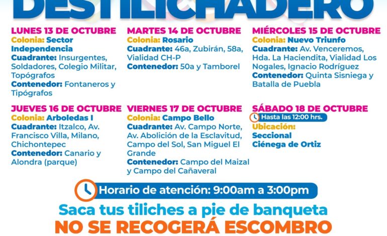  Estará Destilichadero en 6 colonias del 13 al 18 de octubre