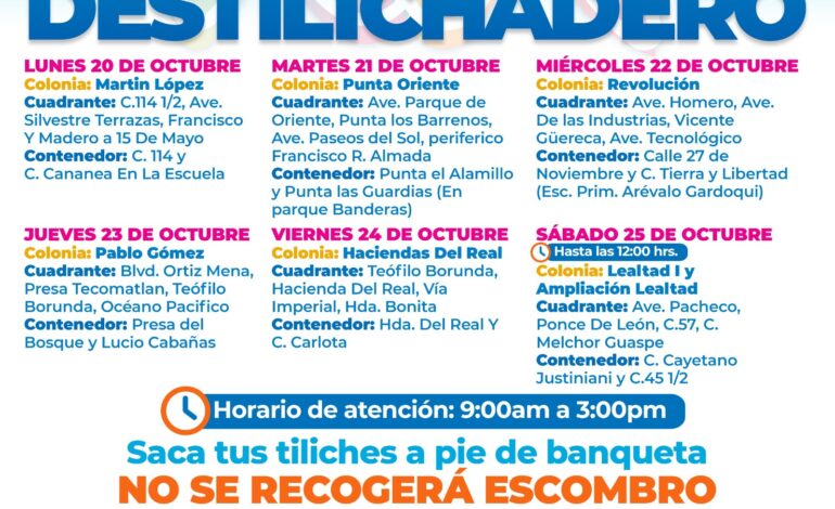  Visitará Destilichadero siete colonias del 20 al 25 de octubre