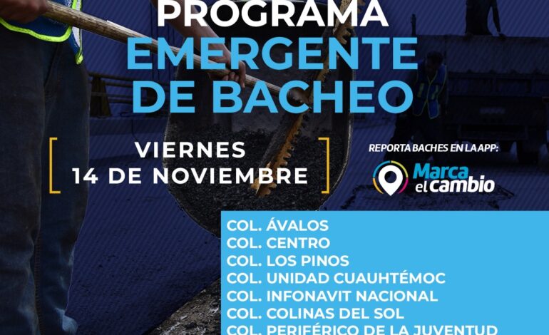  Bacheo del Municipio estará en siete zonas hoy viernes