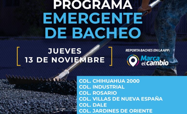  Atenderá Municipio seis zonas con bacheo este jueves 13 de noviembre