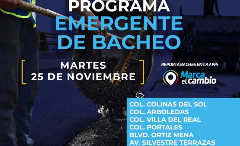  Atenderá Municipio seis zonas con bacheo este martes 25 de noviembre
