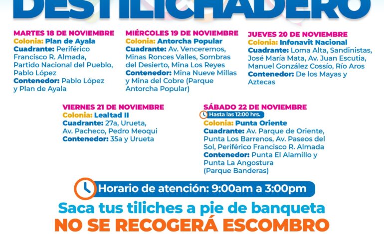  Estará Destilichadero en 5 colonias del 18 al 22 de noviembre