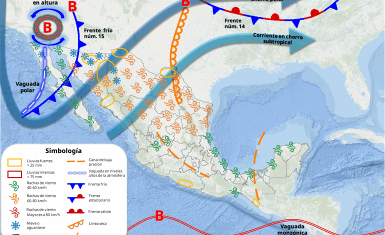  Frente frío 15 traerá lluvias, vientos y aguanieve en zonas altas de la región serrana