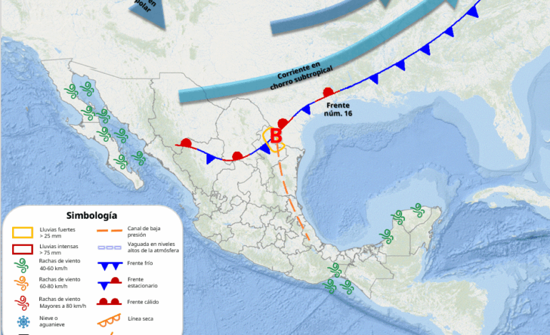  Frente frío 16 mantiene sus efectos en territorio estatal; prevén máxima de 19 °C en la capital