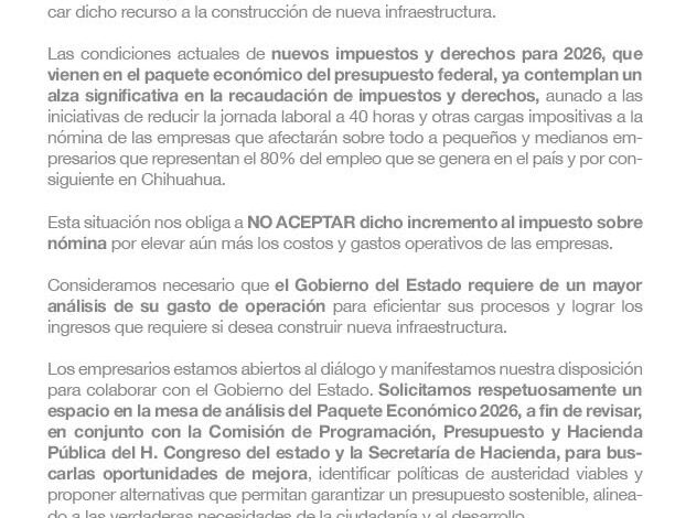  CCE reprueba aumento al Impuesto Sobre Nómina; inaceptable ante crisis