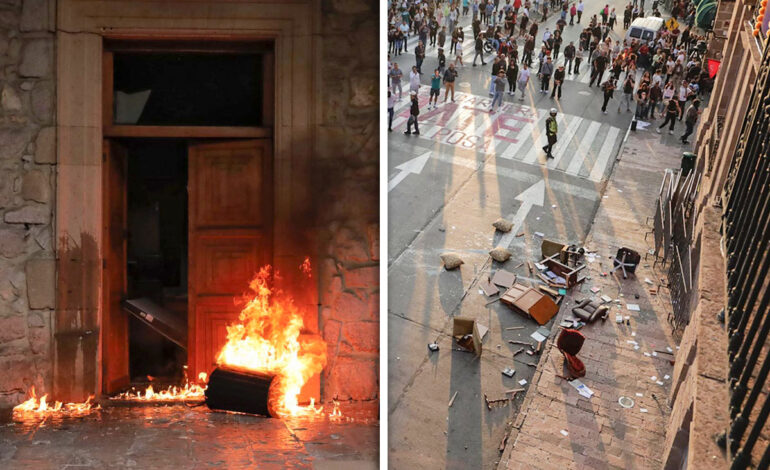  Destrozos en Palacio de Gobierno de Morelia tras marcha por asesinato de Manzo; ocho detenidos