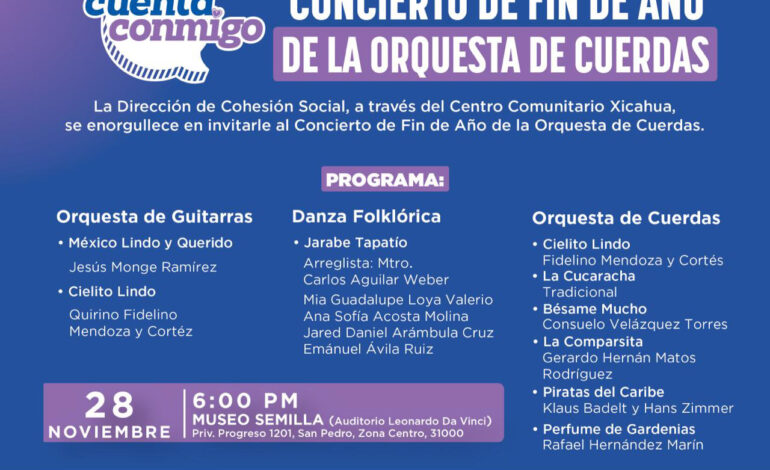  Invita Estado al Concierto de Fin de Año de la Orquesta de Cuerdas del Centro Comunitario Xicahua