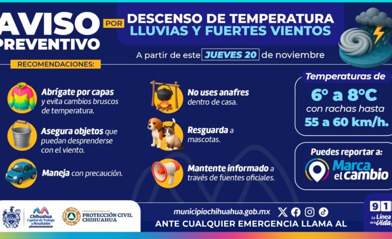  Alerta por posible descenso en temperaturas y vientos fuertes: Protección Civil Municipal
