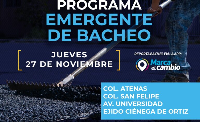  Atenderá Municipio cuatro zonas con bacheo este jueves 27 de noviembre