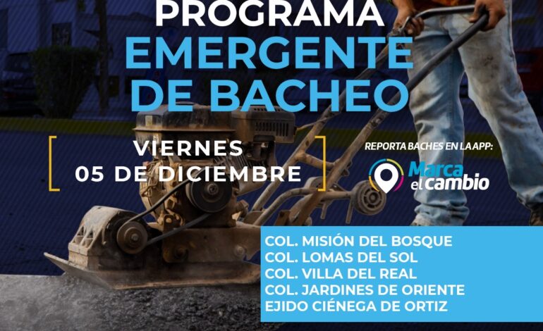  Cinco zonas tendrán bacheo este viernes 5 de diciembre: Municipio