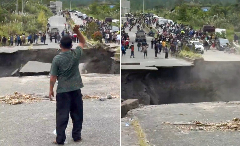  Así colapsó una carretera en Indonesia, mientras habitantes observaban horrorizados