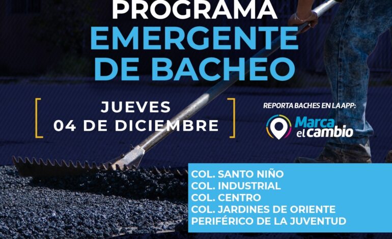  Atenderá Municipio con bacheo cinco zonas este jueves 4 de diciembre