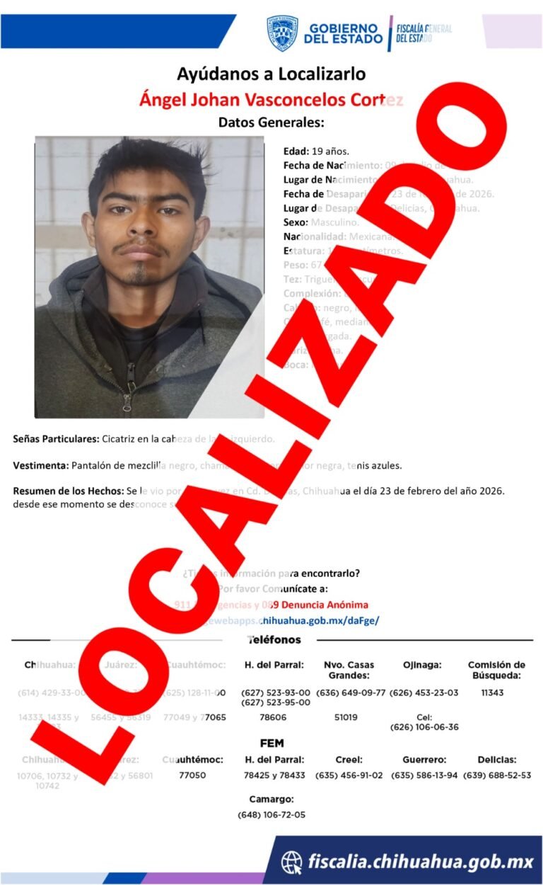 Localizan en Zacatecas a joven con reporte de ausencia en Delicias