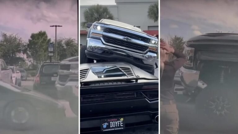 Captan en video el momento en que una pick up Chevrolet “usa de rampa” a un Lamborghini; conductora no lo vio