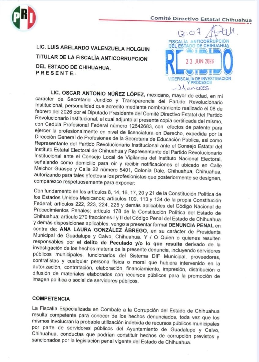 Denuncia PRI a la alcaldesa de Guadalupe y Calvo por presunto peculado