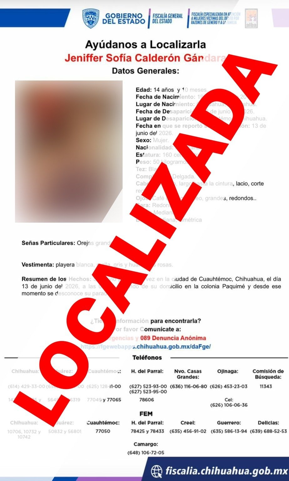 Localiza FEM a adolescente que se encontraba ausente en Cuauhtémoc