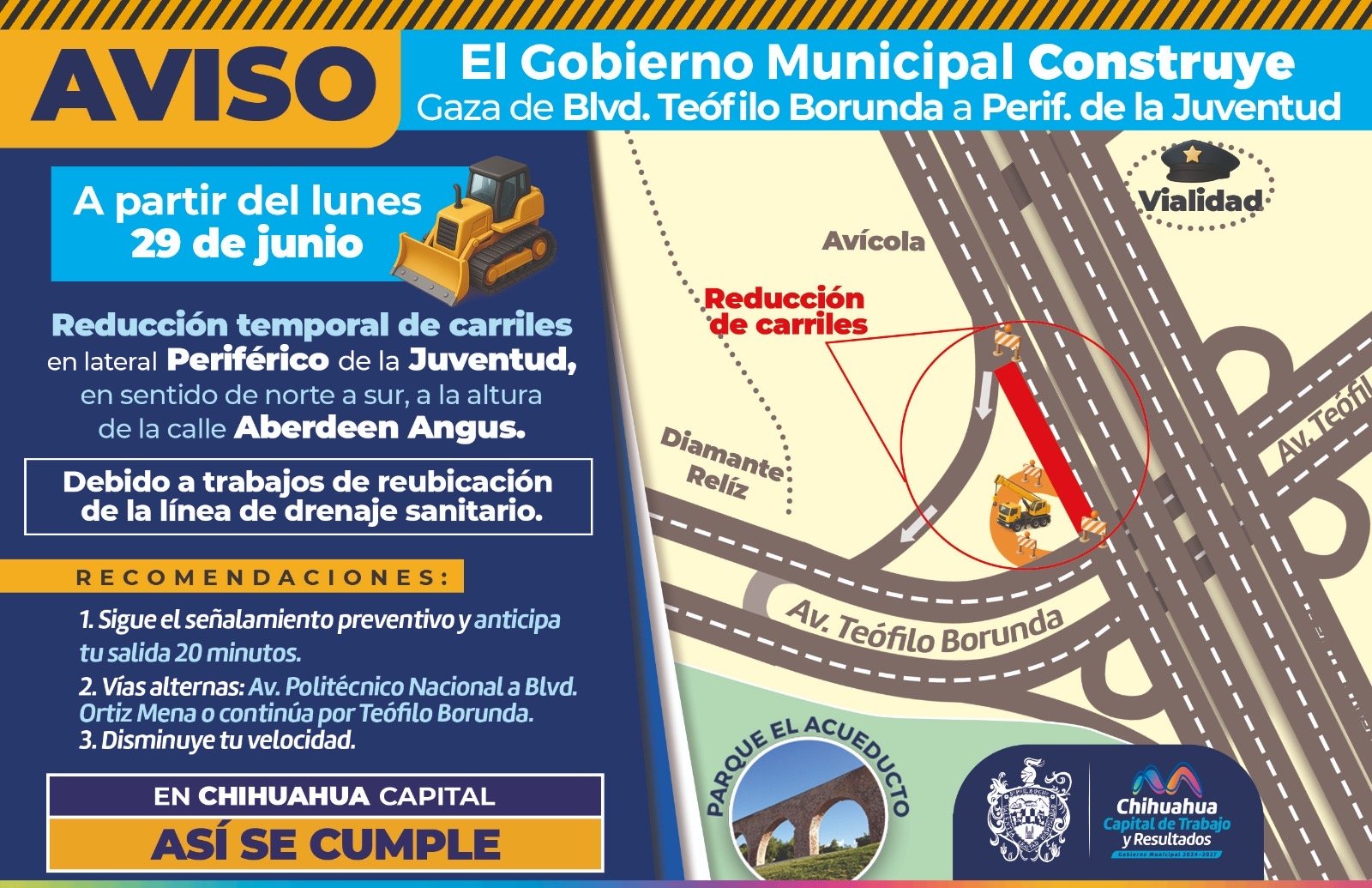 Hoy inicia reducción de carriles en tramo de lateral del periférico de la Juventud: Municipio