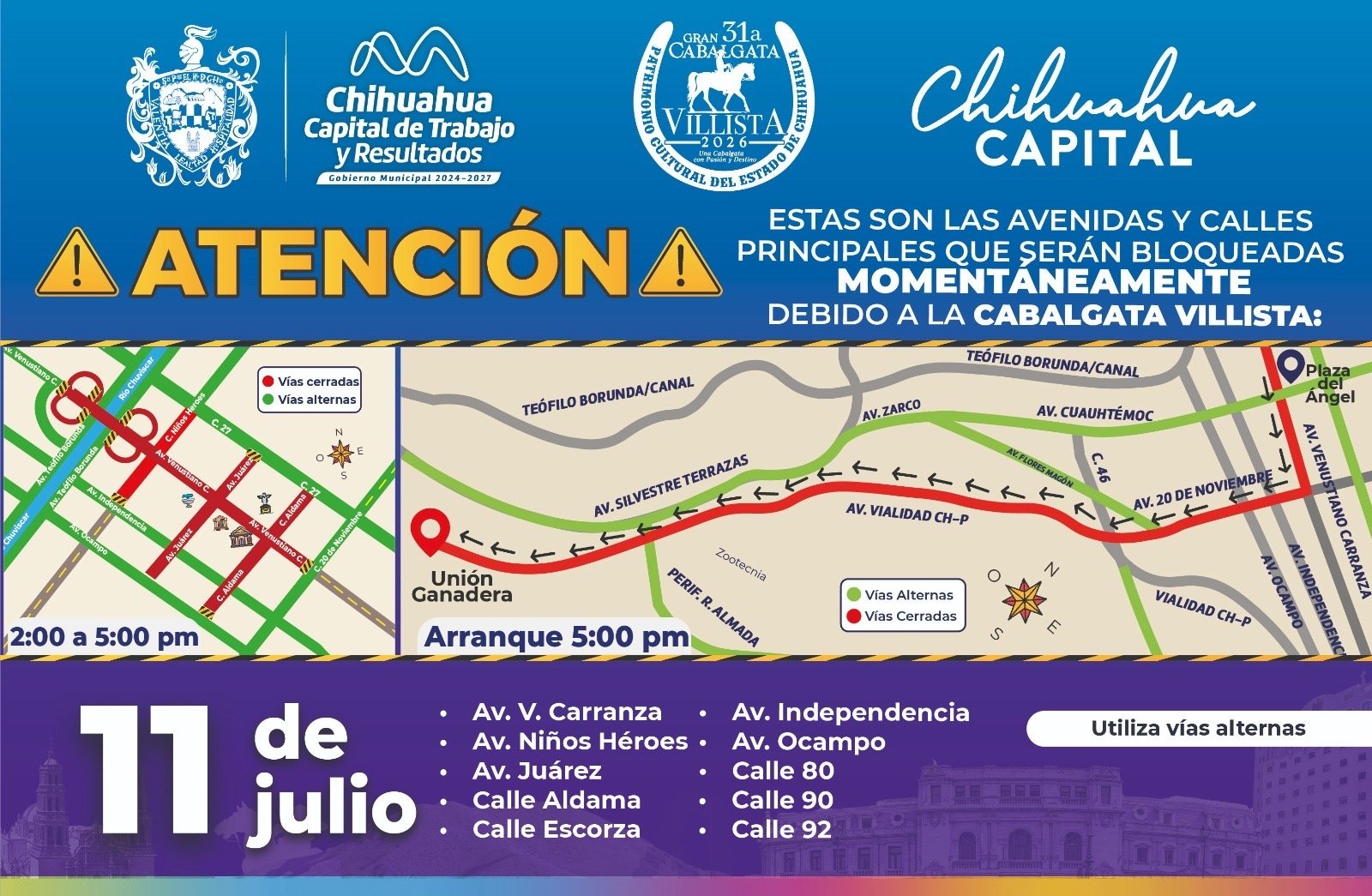 Recuerda, habrá afecciones en la circulación en el Centro de la ciudad por Cabalgata Villista