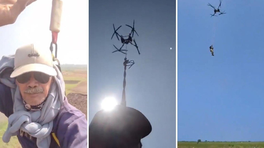 Idea millonaria: un agricultor se ata a sí mismo a un dron para llegar más rápido a sus cultivos