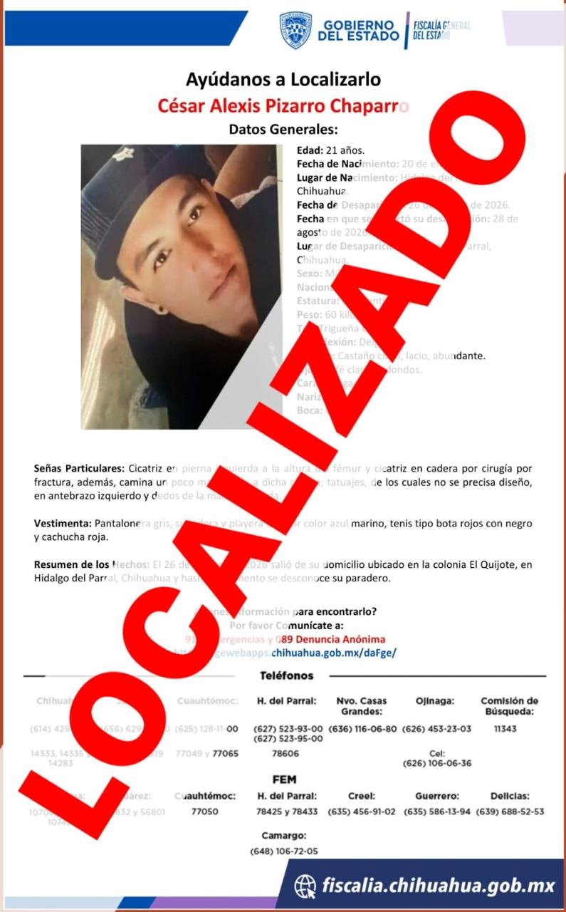 Localizan sano y salvo a joven reportado como ausente en Parral