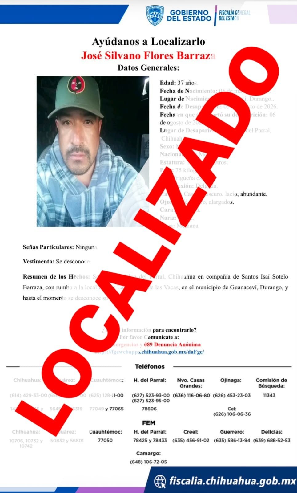 Localiza Fiscalía Zona Sur a dos masculinos con reporte de desaparición en Parral