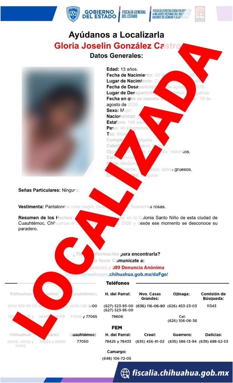 Localiza FEM a joven que contaba con reporte de ausencia en Cuauhtémoc