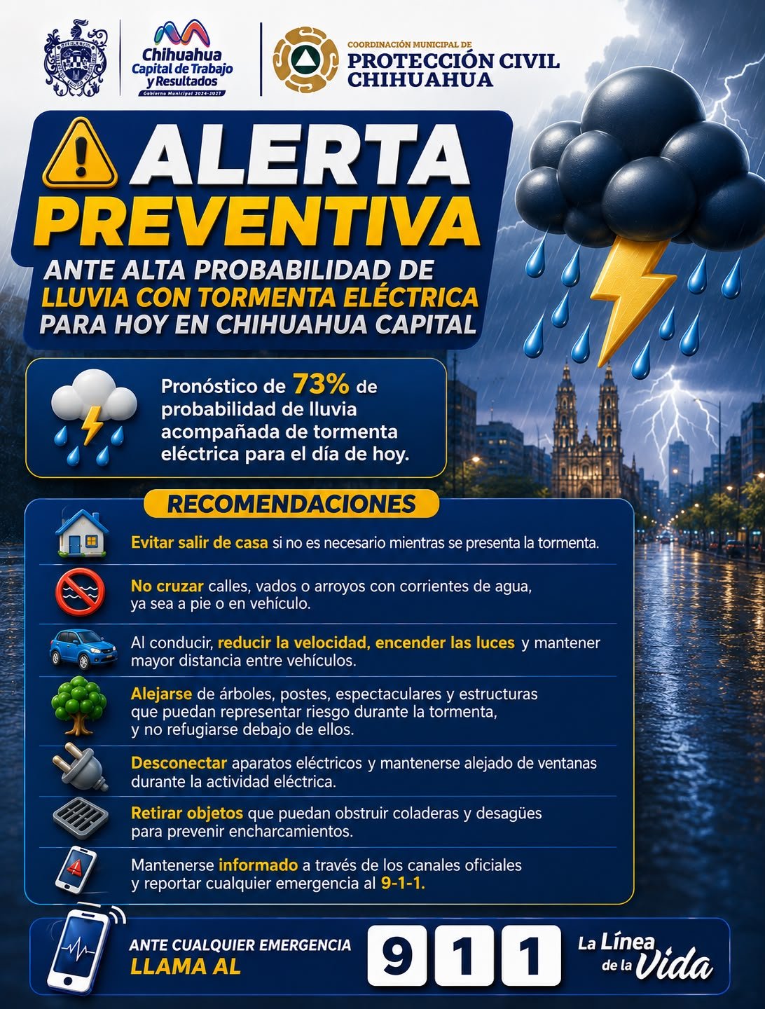 Protección Civil alerta por lluvias y tormentas eléctricas en Chihuahua Capital