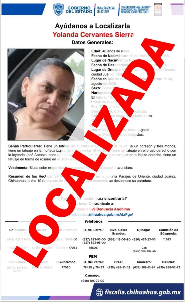 Localizan sana y salva a femenina reportada ausente