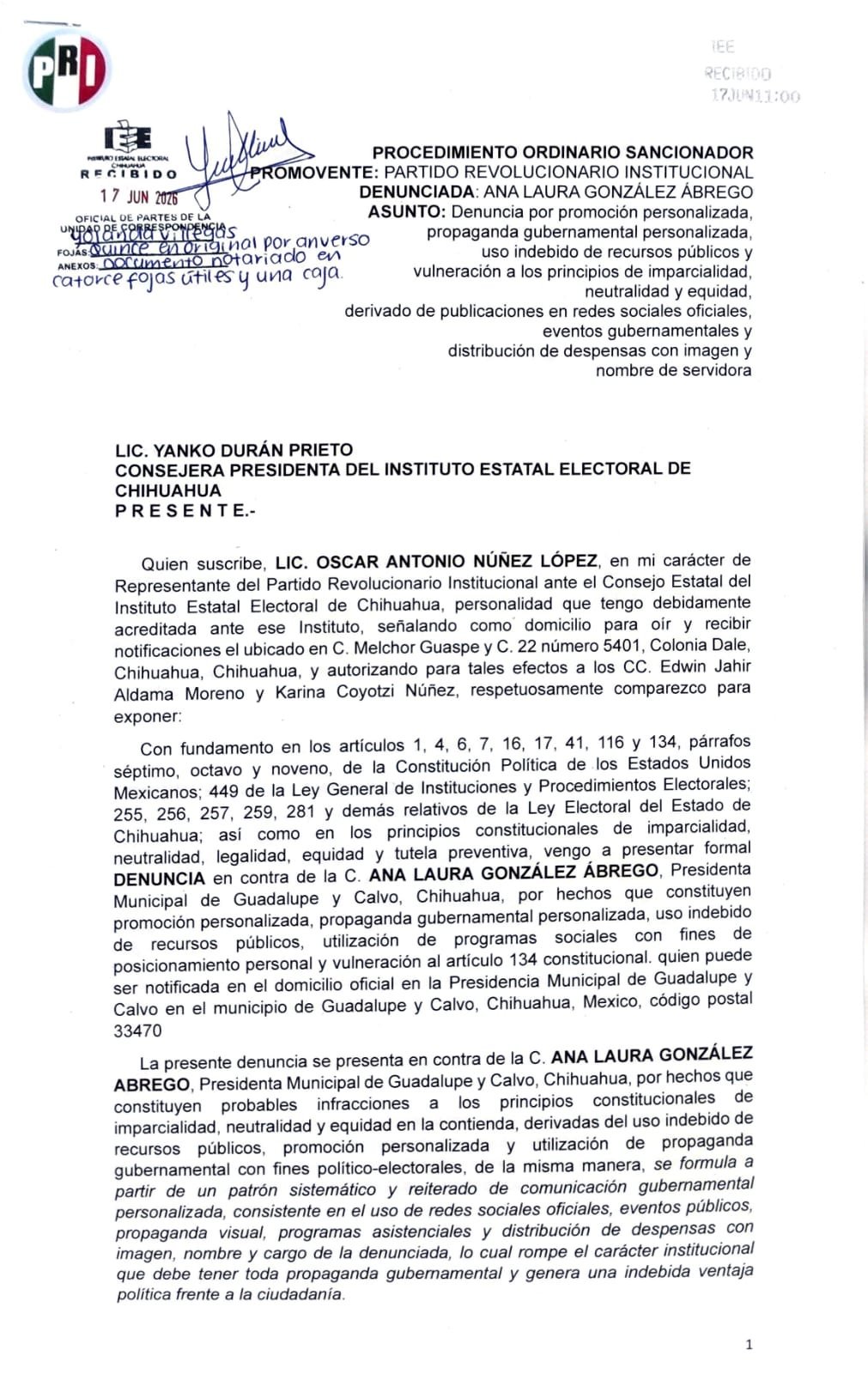 IEE consigue notificar a la alcaldesa de Guadalupe y Calvo de la denuncia que el PRI interpuso en su contra