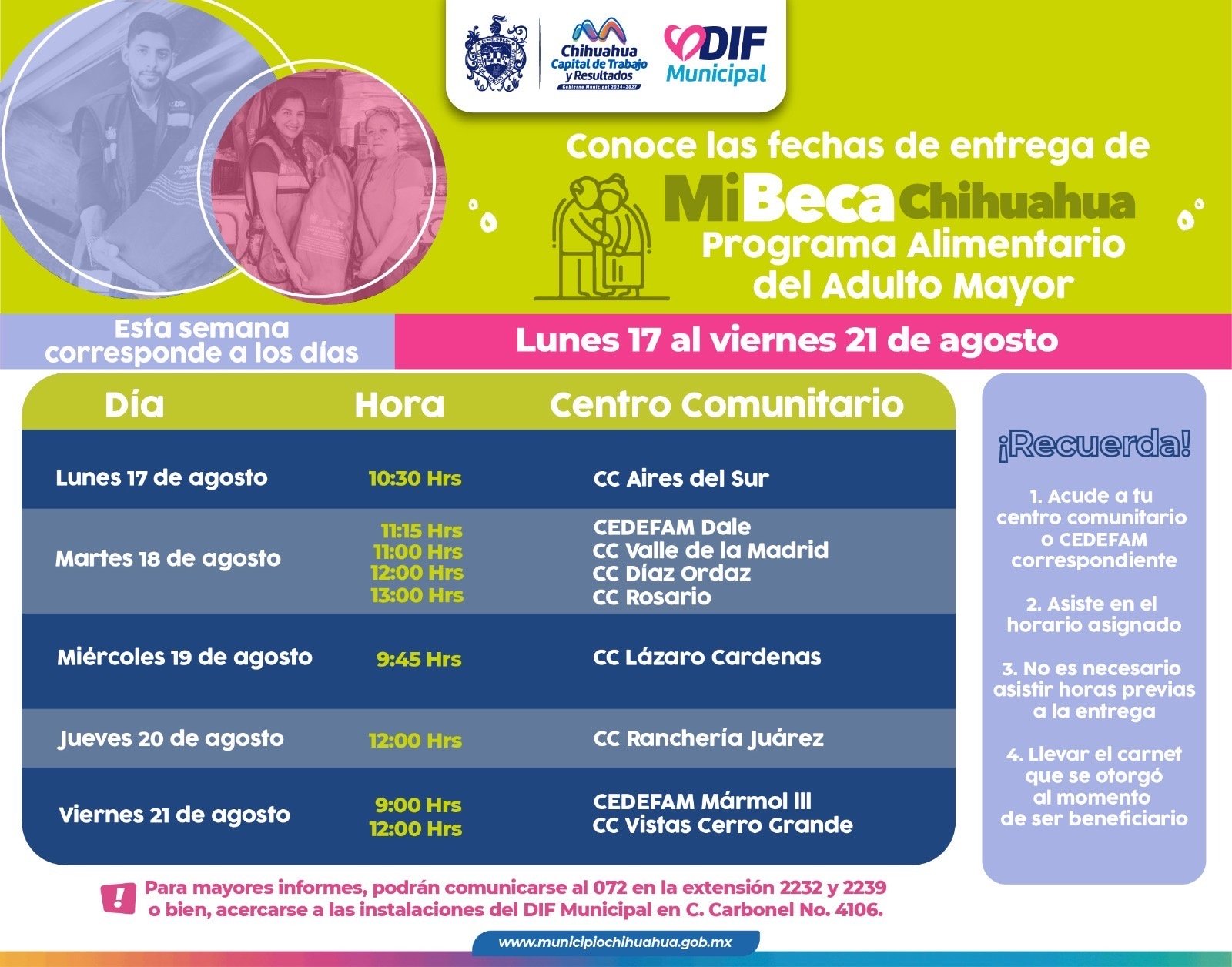 Entregará DIF Municipal el PAAM en estos puntos durante el periodo del 17 al 21 de agosto