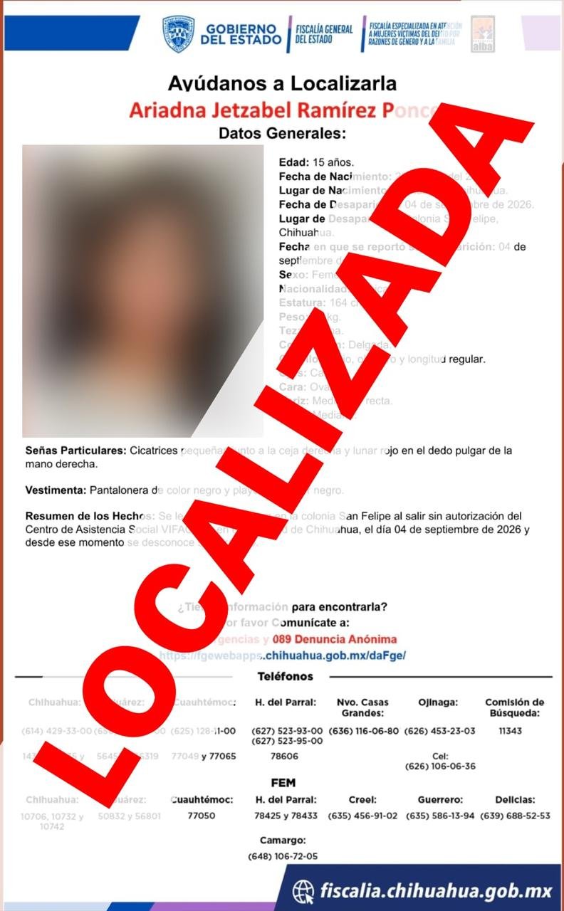 Localiza FEM a adolescente con reporte de desaparición en la ciudad de Chihuahua