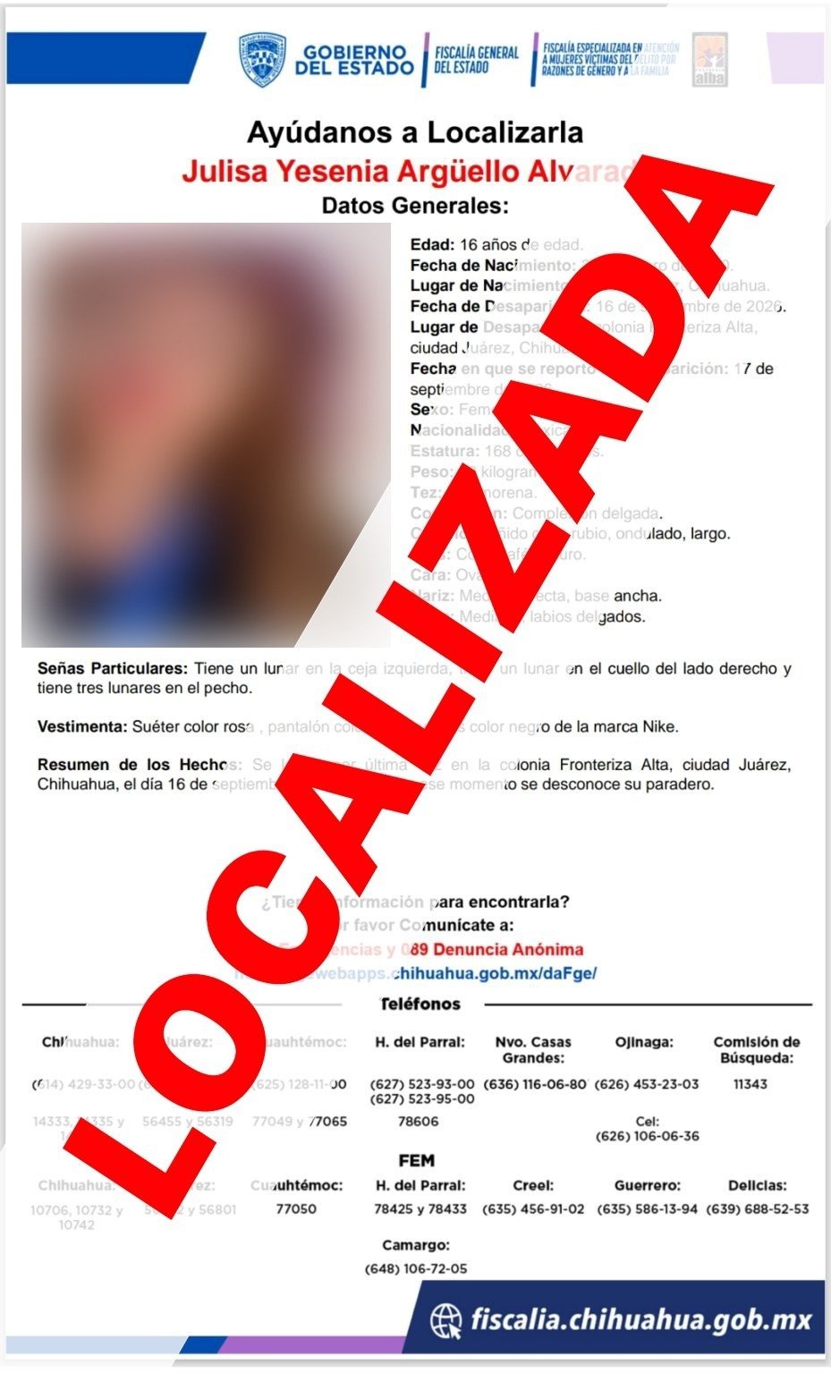 Localiza FEM sana y salva a adolescente con reporte de ausencia en Ciudad Juárez