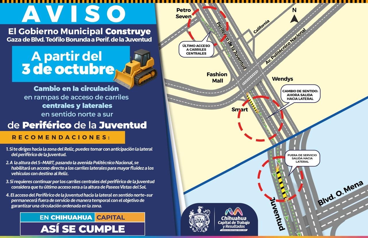 ¡Precaución! Habrá modificación vial en carriles laterales y centrales del periférico de la Juventud en sentido norte-sur