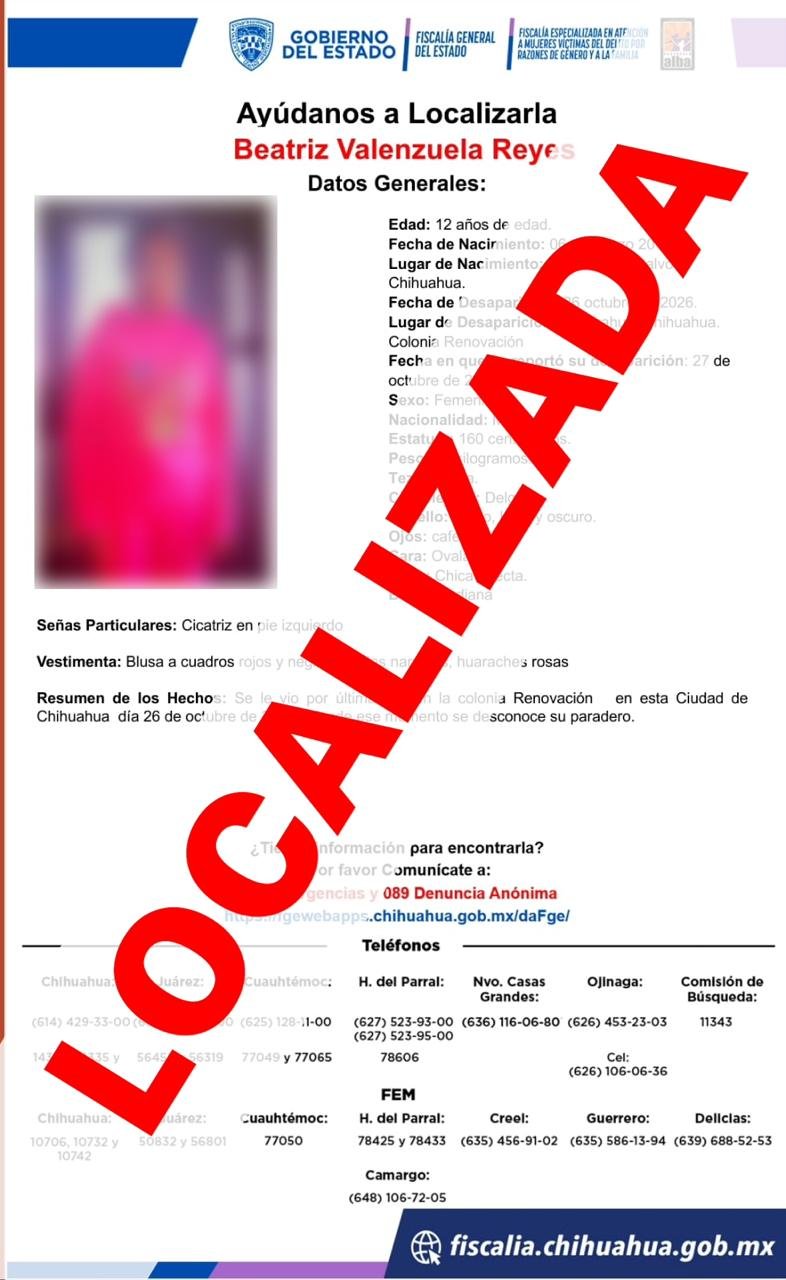 Localiza FEM a una adolescente que contaba con reporte de ausencia en la ciudad de Chihuahua
