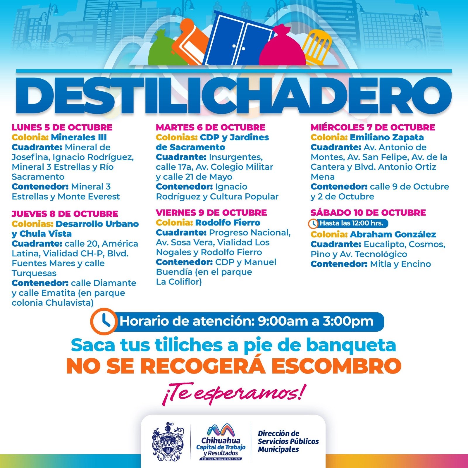 Estará programa de Destilichadero del Municipio en 8 colonias del 5 al 10 de octubre