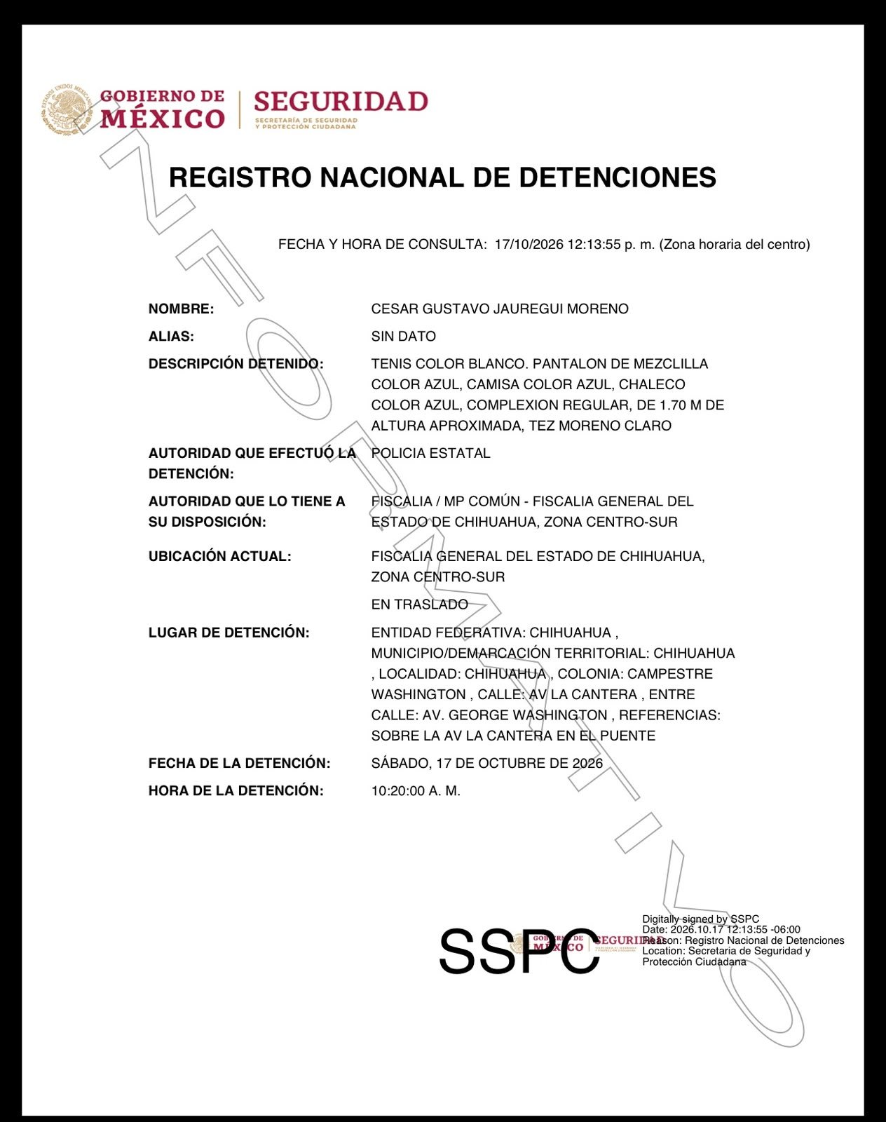 Exhibe SSPC ficha de captura de Jáuregui tras orden de aprehensión por tres delitos